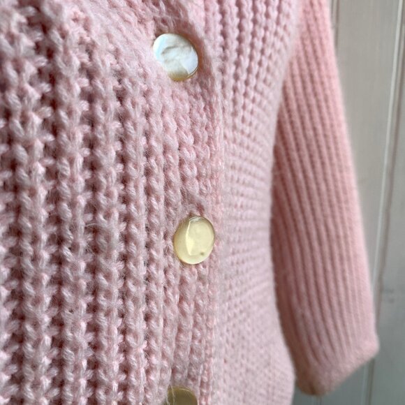 Vintage Pink Chunky Knit Ribbed Sailor Fringed Collar Cardigan Pearl Buttons - M - Picture 4 of 15